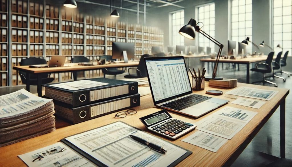 ordenador en una mesa con papeles